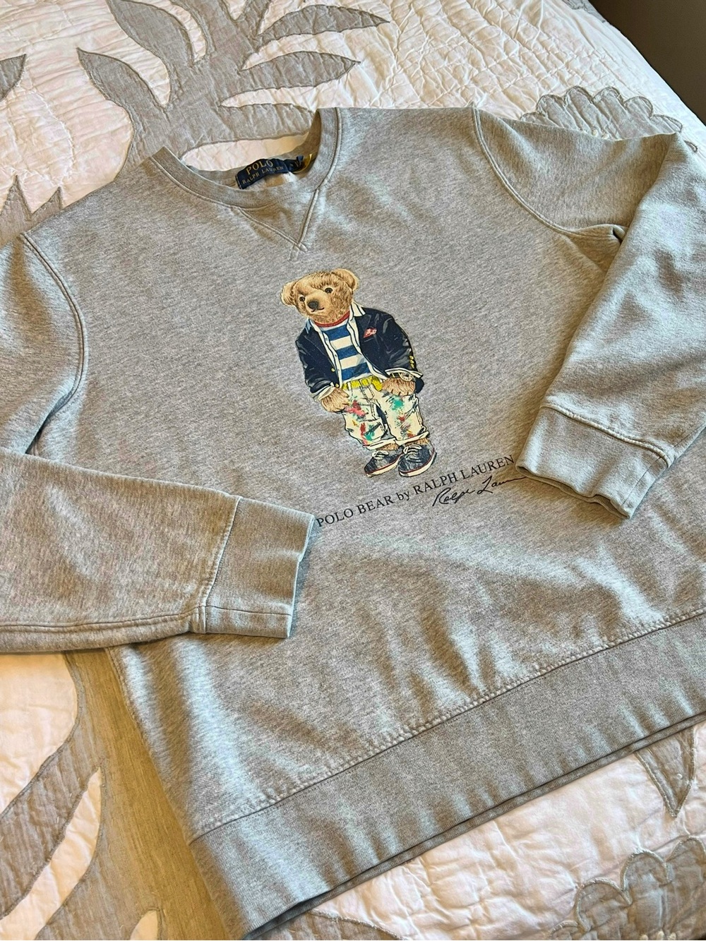 Polo Ralph Lauren Paint Splatter Bear Grey Sweatshirt Pullover Crewneck Medium - Picture 2 of 10
